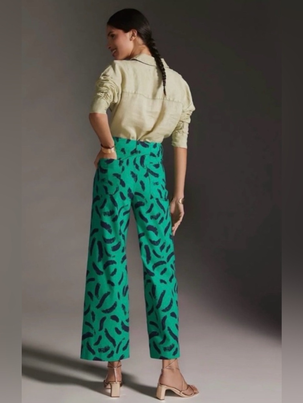 MAEVE The Colette Wide-Leg Crop Pants Green Blue Brush Stroke Print 31 - Picture 3 of 12